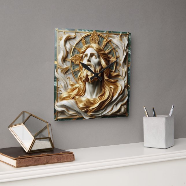 Regal Reverence Jesus In Gold Square Wall Clock (Office)