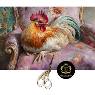 Regal Rooster on Vintage Floral Armchair Decoupage Tissue Paper