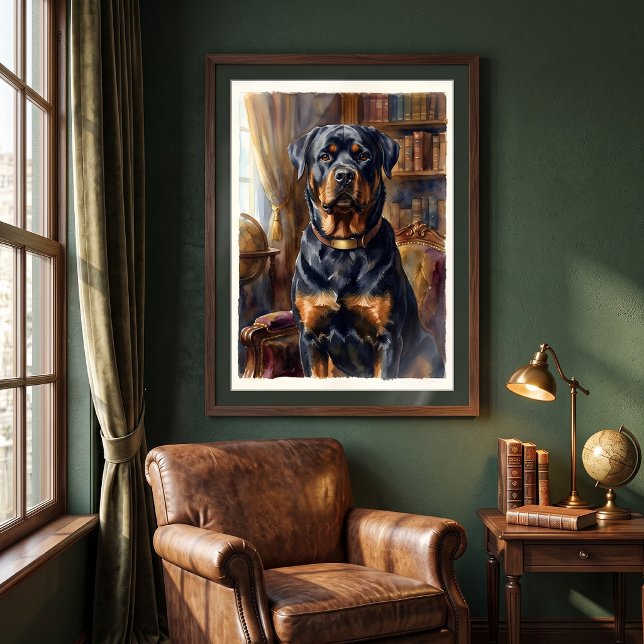 Regal Rottweiler in Library Portrait Poster (Creator Uploaded)