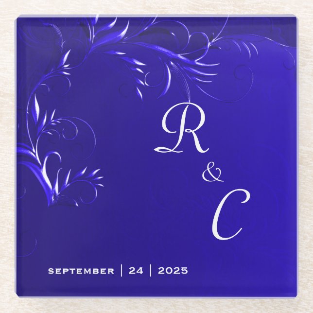 Regal Royal Blue Wedding  Glass Coaster (Front)