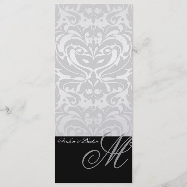 Regal Silver Monogram Damask Wedding Menu (Front)