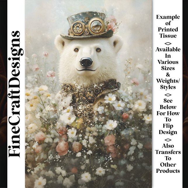 Regal Steampunk Polar Bear, Floral CA9 Decoupage Tissue Paper (Creator Uploaded)