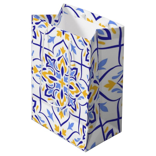 Regal Symphony Blue and Gold Luxury Mediterranean Medium Gift Bag (Front Angled)