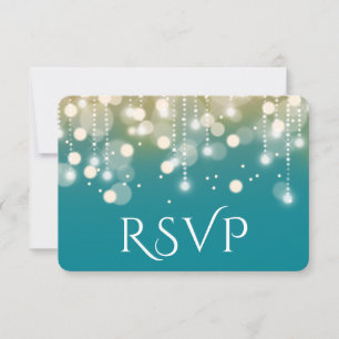 Regal Turquoise and Gold Bokeh Lights RSVP Card