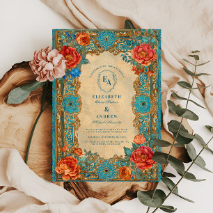 Regal Turquoise and Rose Bloom Wedding Invitation