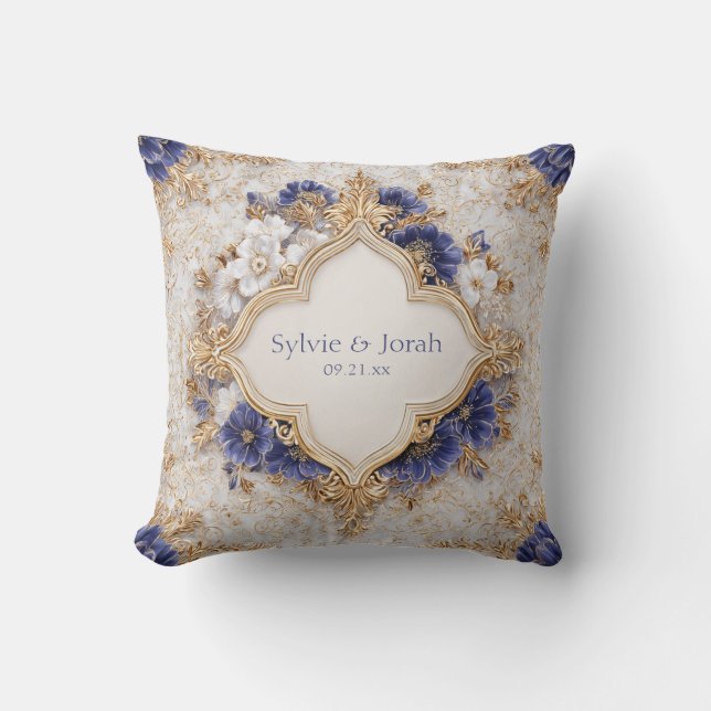 Regal Victorian Blue and Gold Floral Elegance Cushion (Front)