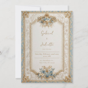 Regal Victorian Gold Brocade Dusty Blue Wedding Invitation