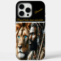 Regal warrior with lion companion.