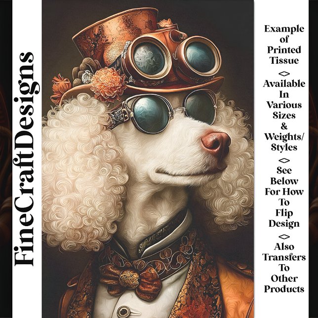 Regal White Steampunk Poodle Dog AX7 Decoupage Tissue Paper (Creator Uploaded)