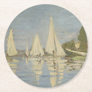 Regattas at Argenteuil, OIl Painting, Claude Monet Round Paper Coaster