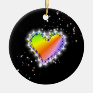 Regenbogen-Herz mit Sternchen auf schwarz Ceramic Tree Decoration