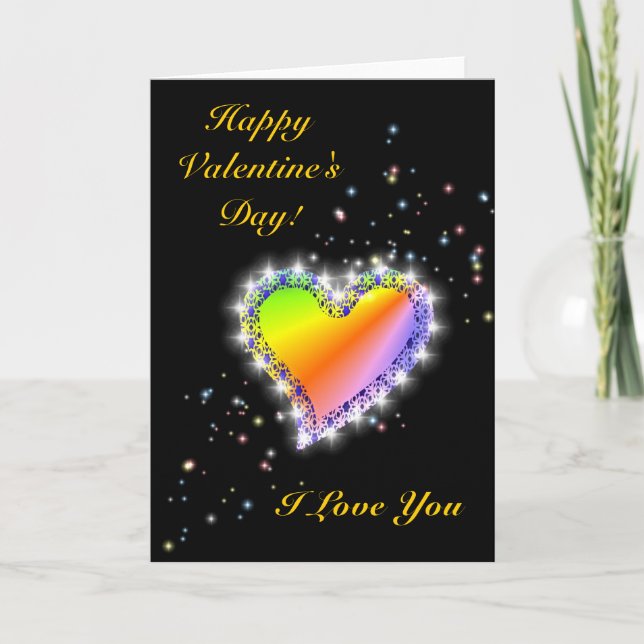 Regenbogen-Herz mit Sternchen auf schwarz Holiday Card (Front)