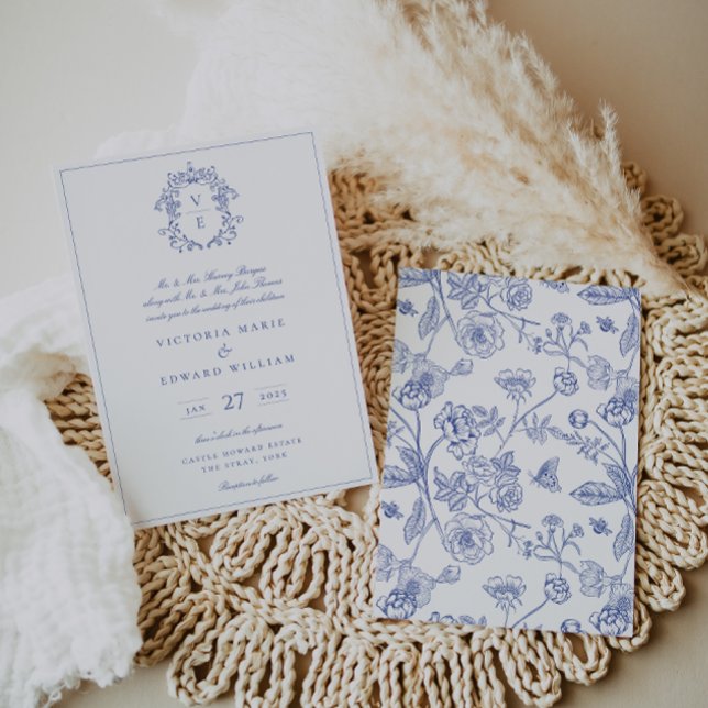 Regency Blue Crest Monogram Invitation (Creator Uploaded)