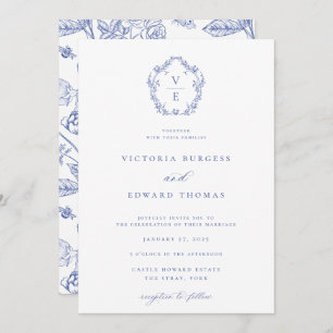 Regency Blue Crest Monogram Wedding Invitation
