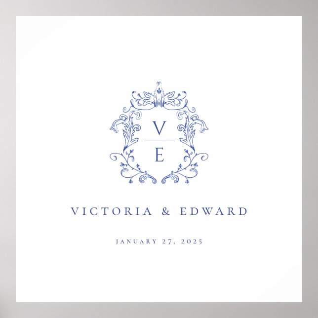 Regency Blue Crest Monogram Wedding Poster (Front)