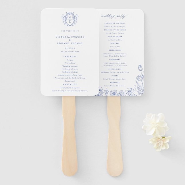 Regency Blue Crest Monogram Wedding Program Hand Fan (Front and Back)