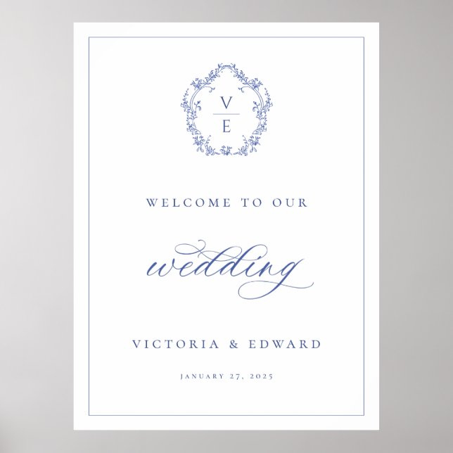 Regency Blue Crest Monogram Wedding Welcome Poster (Front)