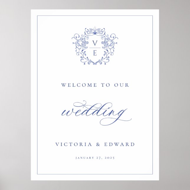 Regency Blue Crest Monogram Wedding Welcome Poster (Front)