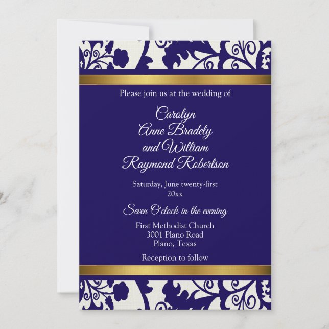 Regency Blue Damask Wedding Invitation (Front)