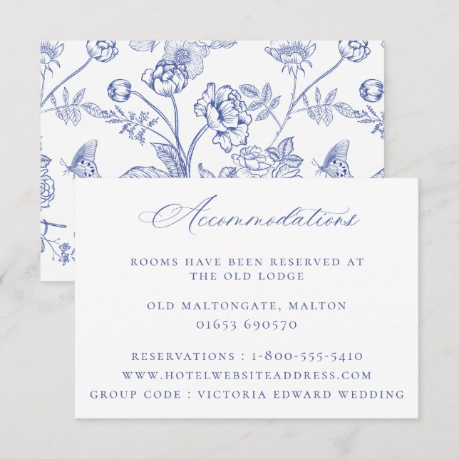Regency Blue Floral Wedding Accommodations Card (Front/Back)