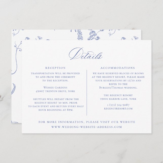 Regency Blue Floral Wedding Details Card (Front/Back)