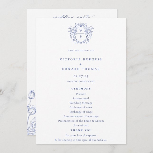 Regency Blue Monogram Crest Wedding Programme (Front/Back)