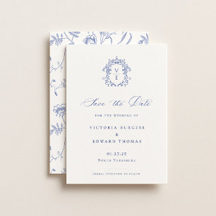 Regency Blue Monogram Crest Wedding Save The Date
