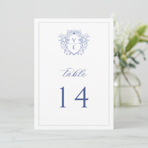 Regency Blue Monogram Crest Wedding Table Number