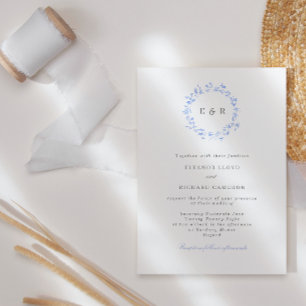 Regency Blue Monogram Leaf Wreath Wedding Invitati Invitation