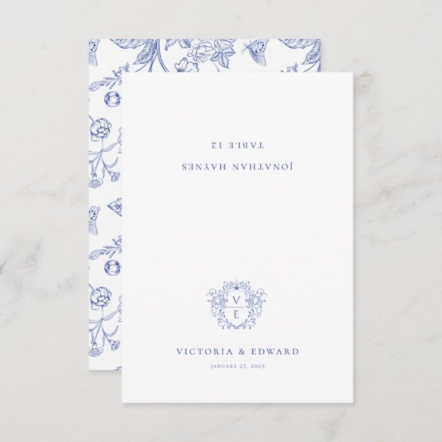 Regency Blue Ornamental Crest Wedding Place Card (Front/Back)