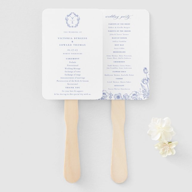 Regency Blue Ornate Crest Monogram Wedding Program Hand Fan (Front and Back)