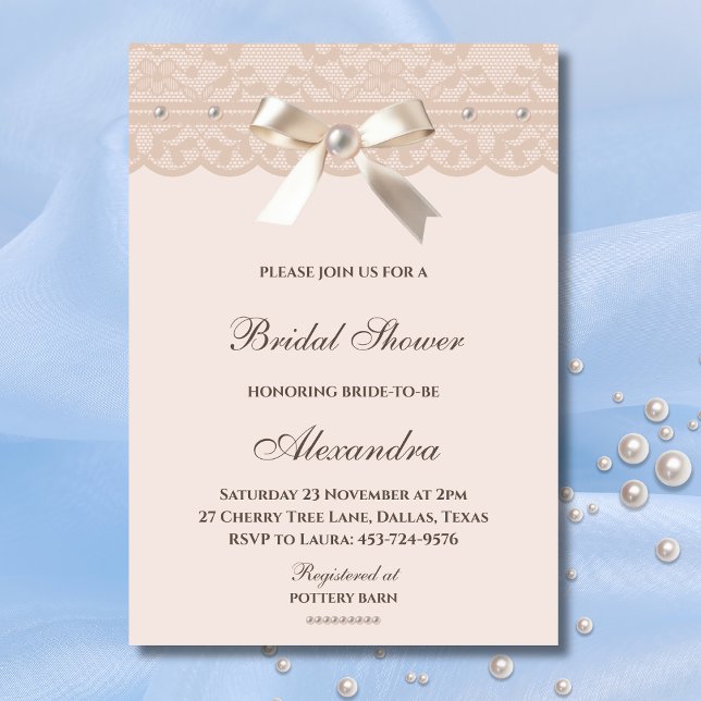Regency Blush Pink Bow Pearl Lace Bridal Shower   Invitation (Creator Uploaded)