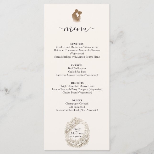 Regency Botanical Engraving Wedding Party Menu Car (Front)