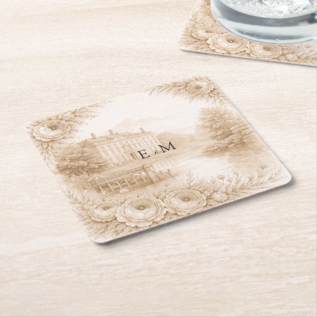 Regency Botanical Engraving Wedding Square Paper Coaster (Angled)