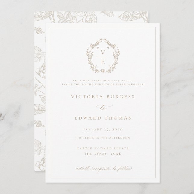 Regency Era Beige Crest Monogram Wedding Invitation (Front/Back)