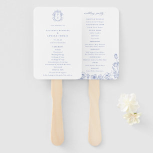 Regency Era Blue Crest Monogram Wedding Program Hand Fan