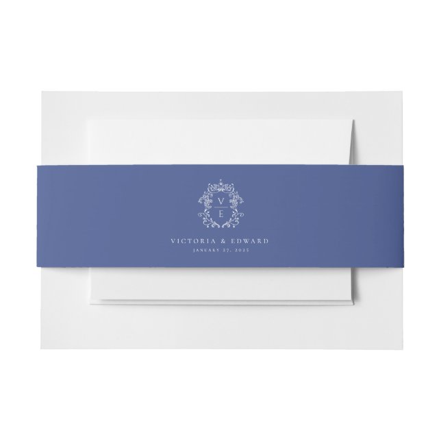 Regency Era Blue Monogram Crest Wedding Invitation Belly Band (Front Example)