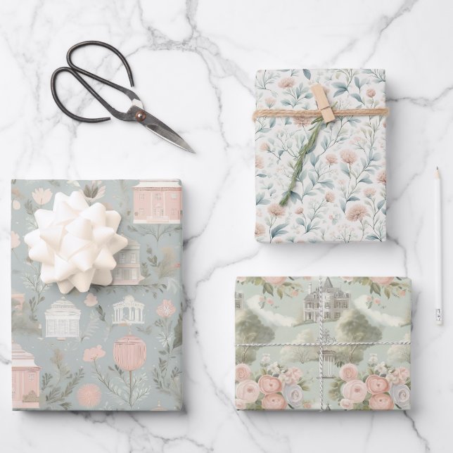 Regency Floral Wrapping Paper Flat Sheet Set of 3 (Front)