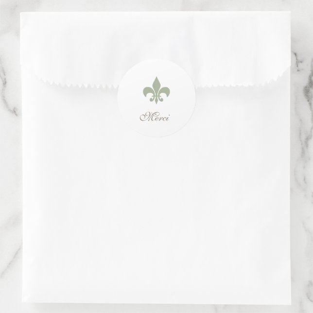 Regency Green French Fleur de Lis Merci Wedding Classic Round Sticker (Bag)