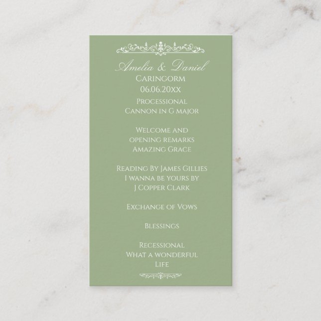Regency Green wedding Ceremony Program Enclosure Card (Front)