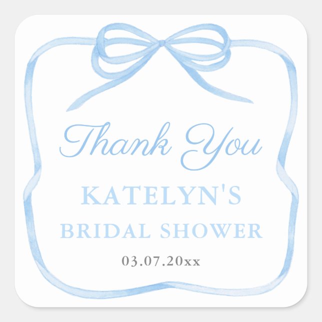 Regency Light Blue Bow Wedding Shower Favour Square Sticker (Front)