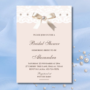 Regency Pink Bow Pearl White Lace Bridal Shower Invitation