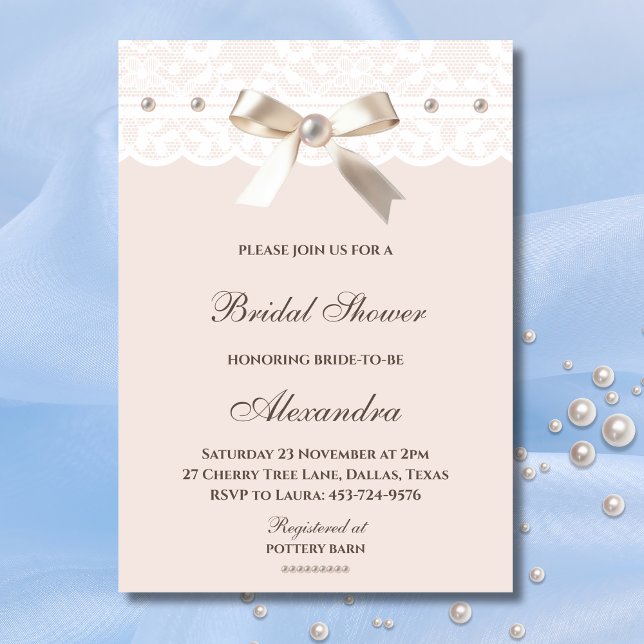 Regency Pink Bow Pearl White Lace Bridal Shower   Invitation (Creator Uploaded)