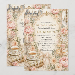 Regency Pink Floral High Tea Party Bridal Shower Invitation