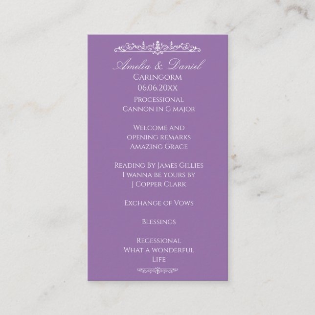Regency Purple wedding Ceremony Program Enclosure Card (Front)