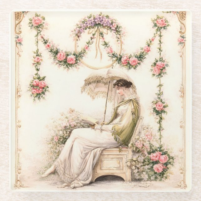 Regency Rose Garden Reading Lady Glass Coaster (Front)