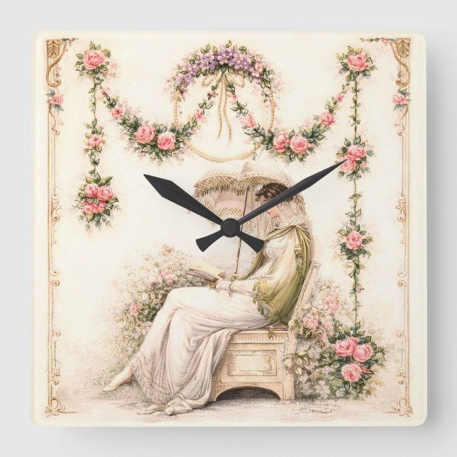 Regency Rose Garden Reading Lady Square Wall Clock (Front)