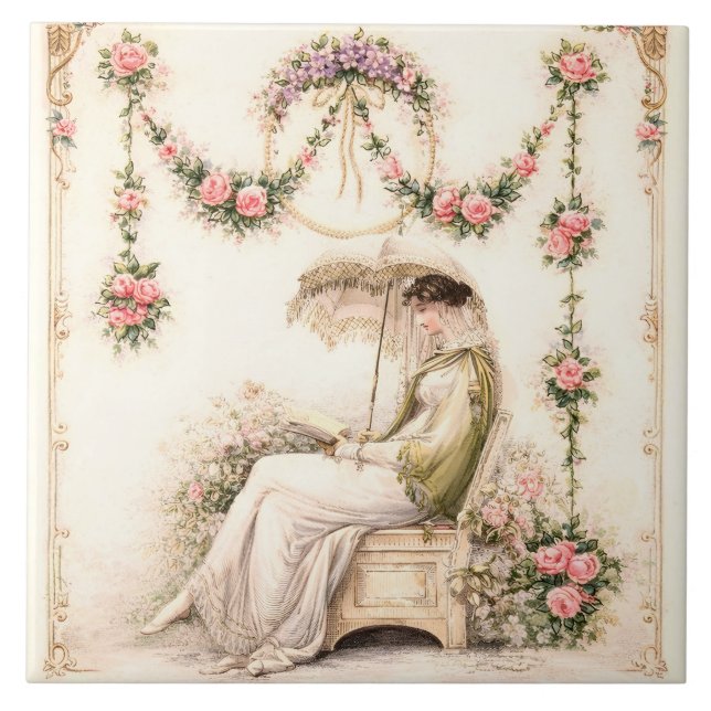 Regency Rose Garden Reading Lady Tile (Front)