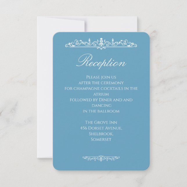 Regency Style Blue Wedding Reception Card (Front)