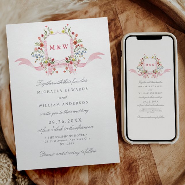 Regency Watercolor Botanical Pink Crest Wedding Invitation (Creator Uploaded)